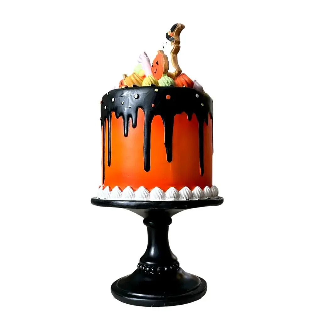 Ghoulish Halloween Candy Corn Ghost Cake Decor 13in Resin Black & Orange NEW